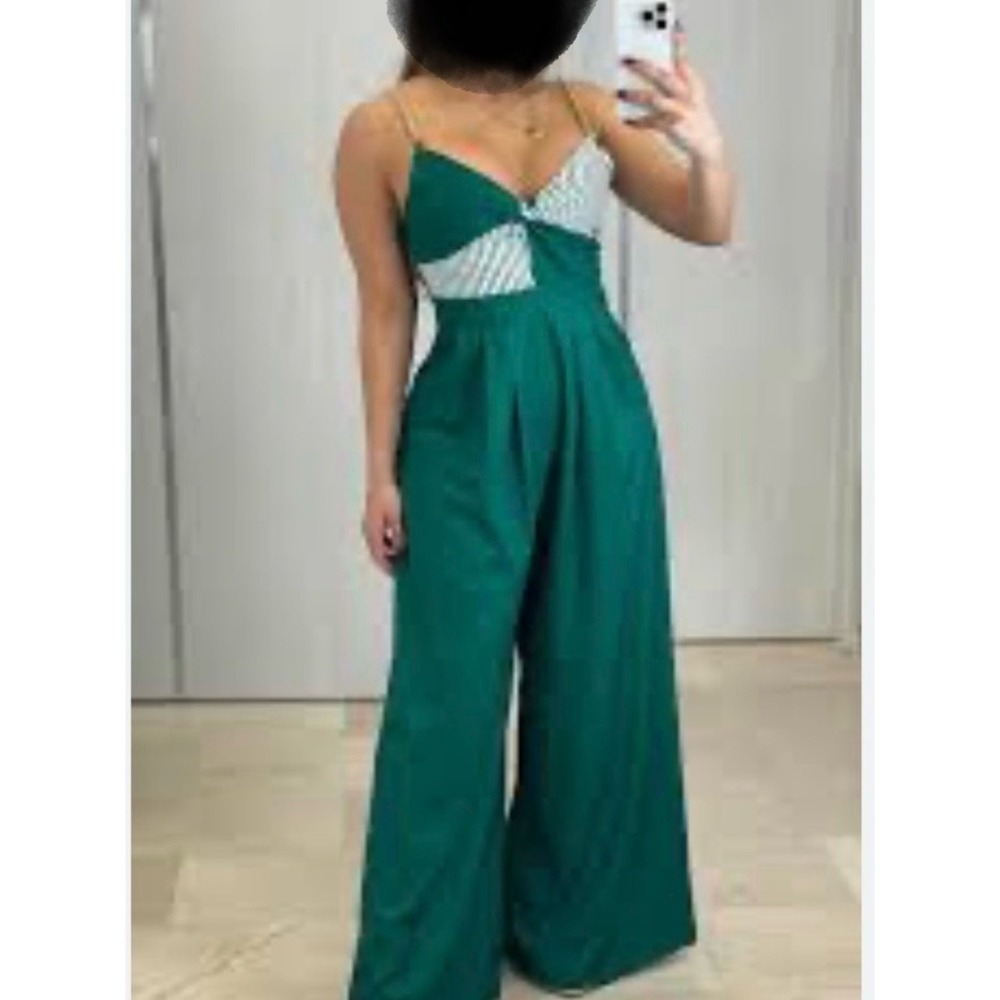 Chicways Green‎ White Striped Wide Leg Jumpsuit Chain Straps Size L